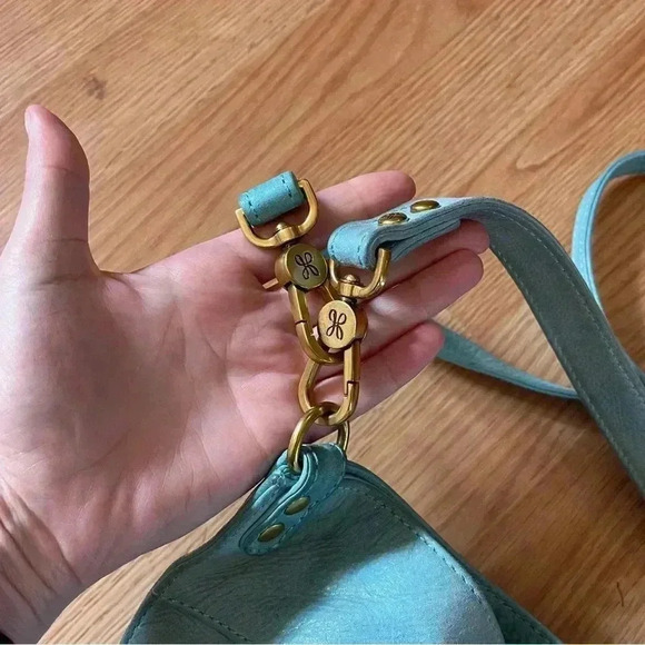 HOBO blue suede leather shoulder wrist bag with gold hardware removable straps - Picture 6 of 13